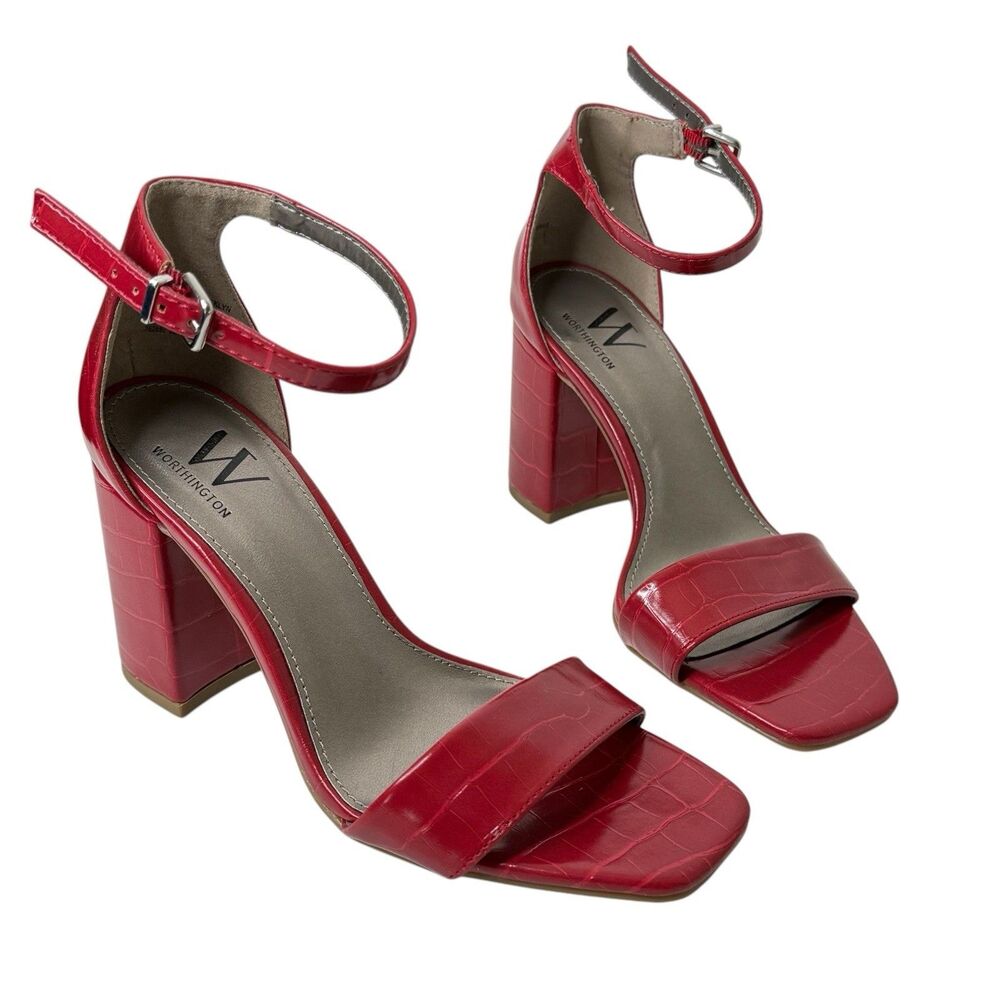 Worthington Becklyn Red Croc Embossed Block Heel Ankle Strap Sandals 6M Classic